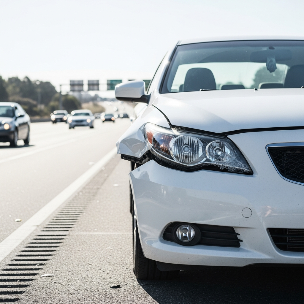 A side-view of a damaged white sedan on a California highway shoulder with traffic moving in the background, focusing on the crumpled fender and shattered headlight.