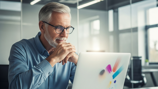 An older professional man sitting at a modern office desk looking thoughtfully at a laptop computer in a brightly lit glass-walled tech company environment.