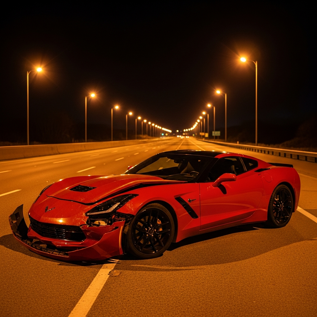 A red Chevrolet Corvette with significant front-end damage rests on the shoulder of a multi-lane highway at night under the glow of orange streetlights.
