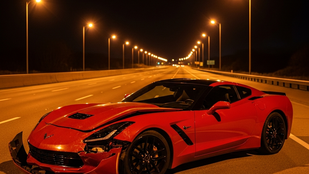 A red Chevrolet Corvette with significant front-end damage rests on the shoulder of a multi-lane highway at night under the glow of orange streetlights.