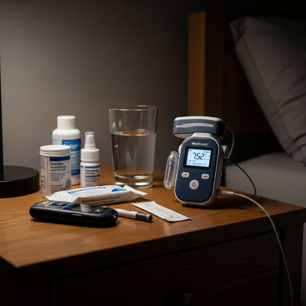 A Medtronic insulin pump sitting on a nightstand next to a glass of water and medical supplies in a dimly lit room.