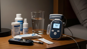 A Medtronic insulin pump sitting on a nightstand next to a glass of water and medical supplies in a dimly lit room.
