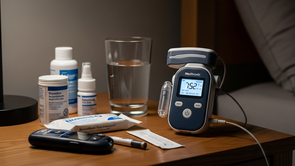 A Medtronic insulin pump sitting on a nightstand next to a glass of water and medical supplies in a dimly lit room.