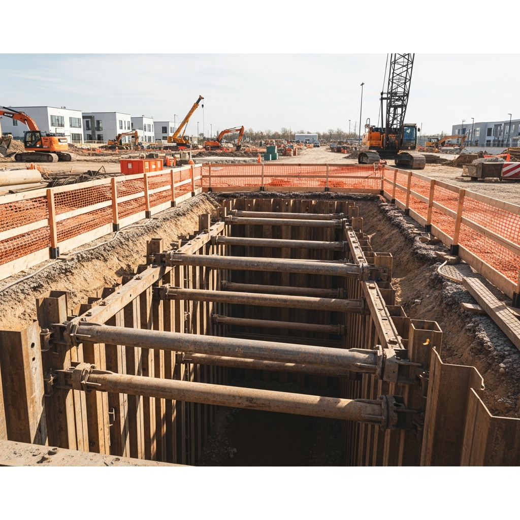 A construction site with a deep excavated trench reinforced by heavy duty shoring equipment and safety barriers