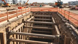 A construction site with a deep excavated trench reinforced by heavy duty shoring equipment and safety barriers