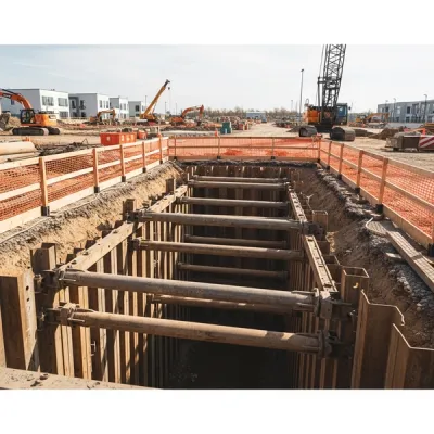 A construction site with a deep excavated trench reinforced by heavy duty shoring equipment and safety barriers