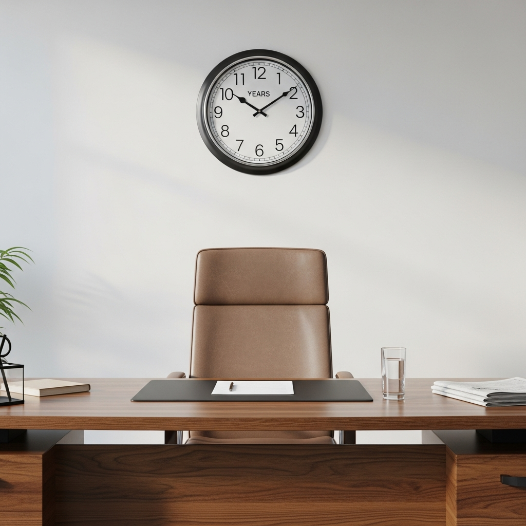 A large, professional wooden desk in a quiet office setting, featuring an empty executive chair, a glass of water, and a classic analog clock on the wall, symbolizing years of service and the passage of time.