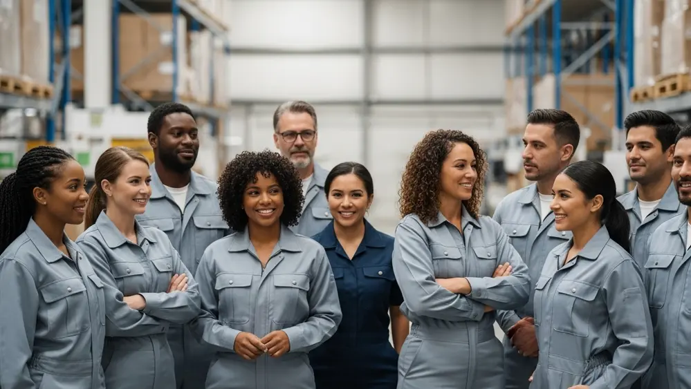 A group of workers in uniform standing together in a warehouse setting, symbolizing labor solidarity and collective bargaining.