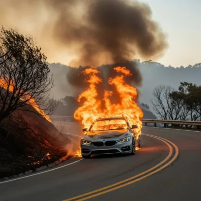 A modern sedan engulfed in orange flames on a winding hillside road with charred brush and smoke in the background
