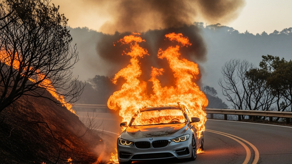 A modern sedan engulfed in orange flames on a winding hillside road with charred brush and smoke in the background