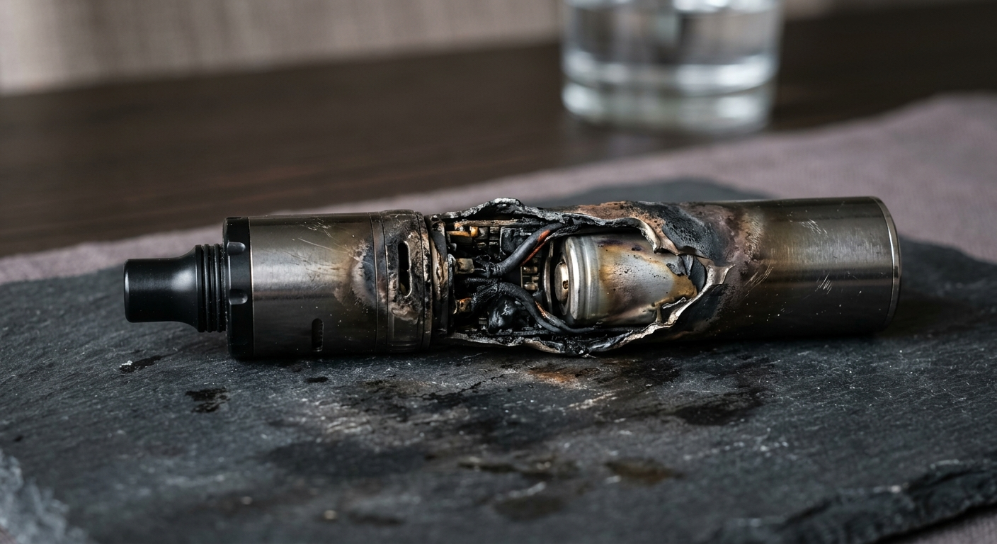 A close-up of a metallic electronic cigarette device on a dark surface, showing significant heat damage and internal battery components exposed.