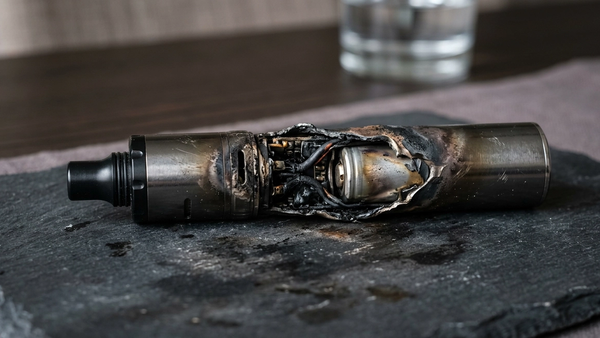 A close-up of a metallic electronic cigarette device on a dark surface, showing significant heat damage and internal battery components exposed.