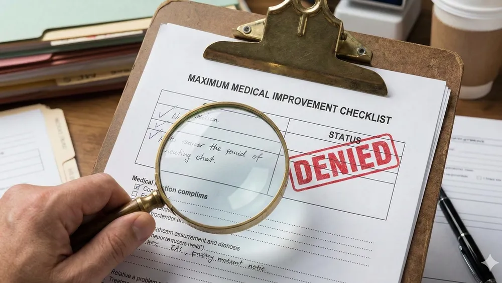 A close-up of a medical clipboard showing a "Maximum Medical Improvement" checklist with a magnifying glass and a denied stamp, representing insurance delays.