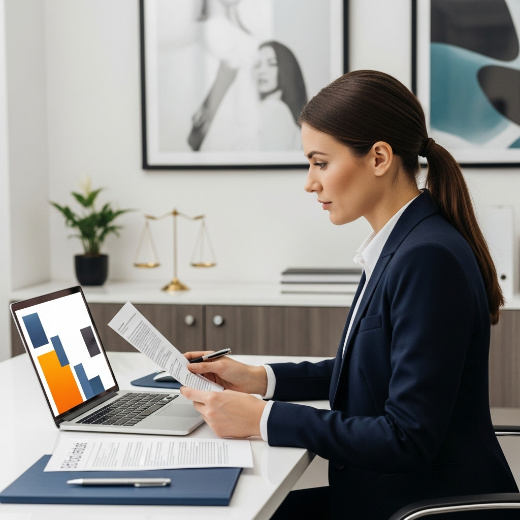 A professional office setting with a focused legal advocate sitting at a desk, looking at documents on a laptop, symbolizing federal employment law oversight.