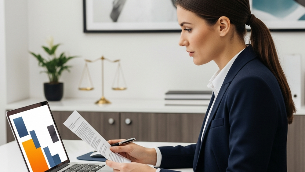 A professional office setting with a focused legal advocate sitting at a desk, looking at documents on a laptop, symbolizing federal employment law oversight.
