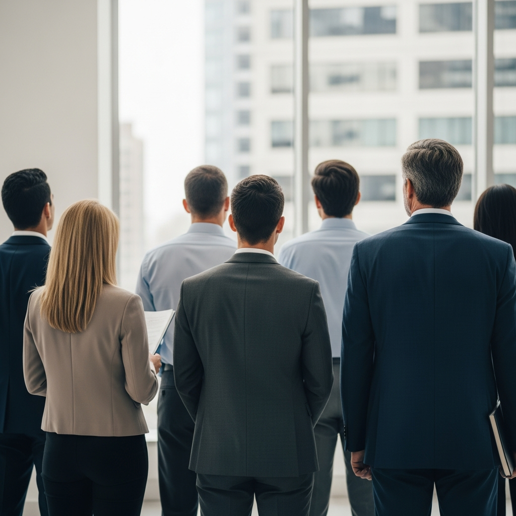 A diverse group of professional workers standing in a modern office lobby, looking towards a bright window with a blurred city background.