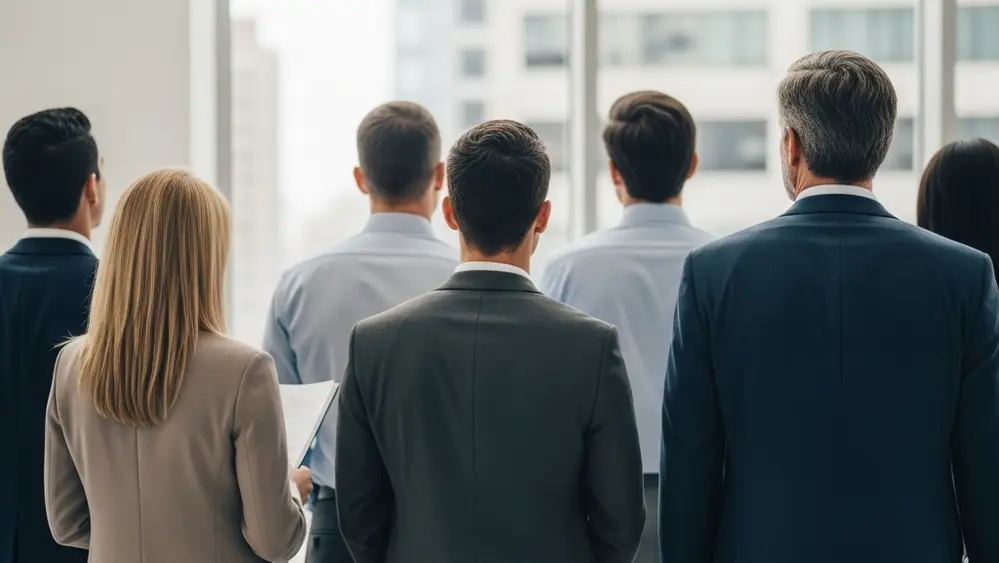 A diverse group of professional workers standing in a modern office lobby, looking towards a bright window with a blurred city background.