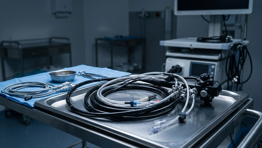 A reusable medical endoscope lying on a sterile tray in a darkened hospital procedure room, emphasizing its complex mechanical design and tubing.