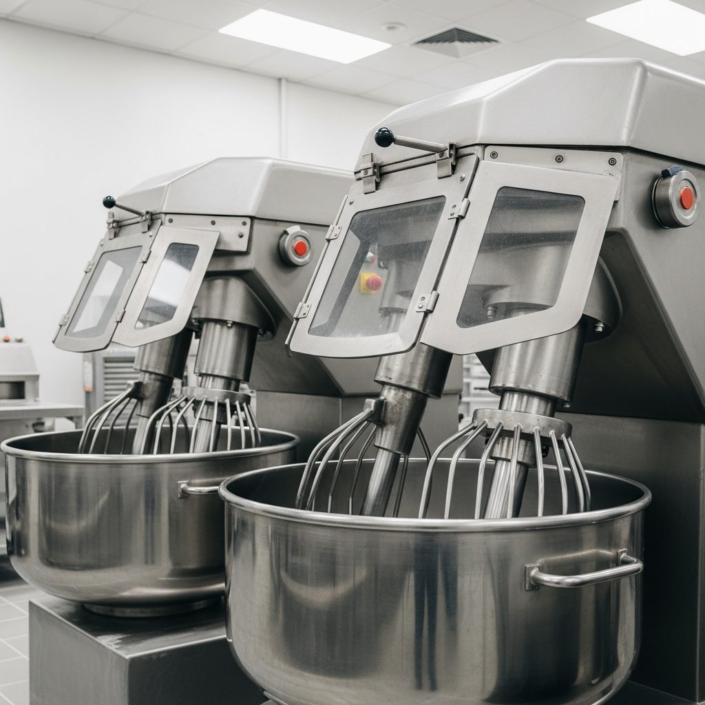 A large industrial dough mixing machine in a commercial bakery setting with safety guards and mechanical arms.