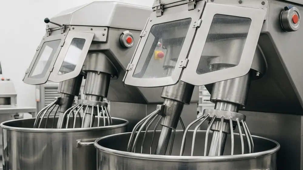A large industrial dough mixing machine in a commercial bakery setting with safety guards and mechanical arms.
