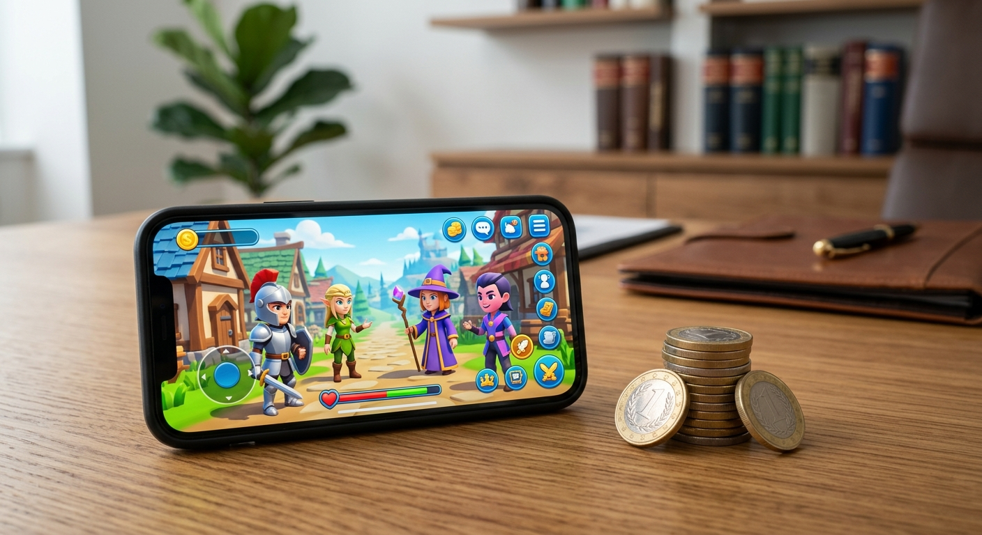 A smartphone displaying a colorful virtual world game interface with 3D avatars next to a stack of coins symbolizing virtual currency.