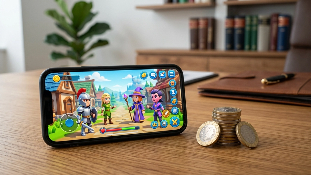 A smartphone displaying a colorful virtual world game interface with 3D avatars next to a stack of coins symbolizing virtual currency.