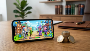 A smartphone displaying a colorful virtual world game interface with 3D avatars next to a stack of coins symbolizing virtual currency.