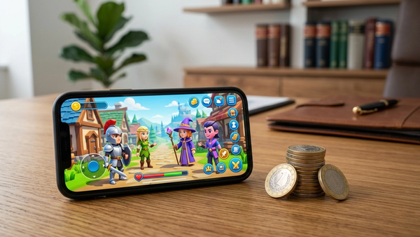 A smartphone displaying a colorful virtual world game interface with 3D avatars next to a stack of coins symbolizing virtual currency.