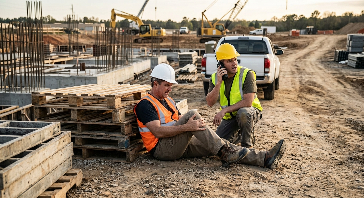 A wide-angle shot of a construction site in Georgia with a worker sitting down holding an injured leg, wearing a hard hat and safety vest, while another worker calls for help.