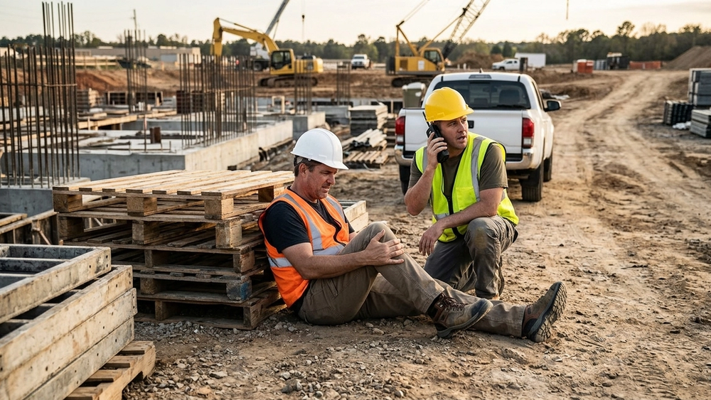 A wide-angle shot of a construction site in Georgia with a worker sitting down holding an injured leg, wearing a hard hat and safety vest, while another worker calls for help.