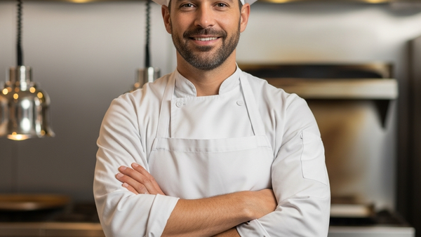 A pizza chef in a white apron stands in a restaurant kitchen with blurry stainless steel appliances in the background.
