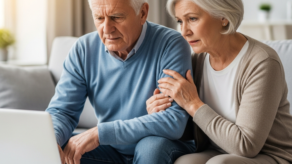 An elderly couple sitting on a sofa looking concerned at a laptop and paper documents, representing a loss of savings due to financial mismanagement.