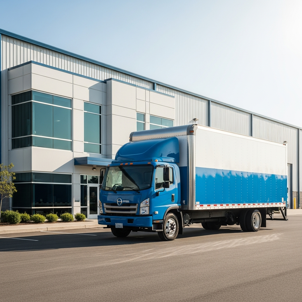 a blue and white delivery truck parked outside a large industrial manufacturing facility on a sunny day