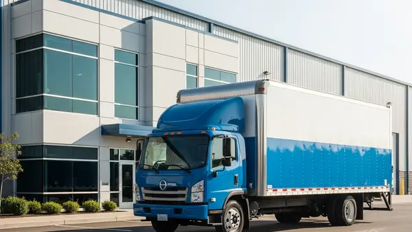 a blue and white delivery truck parked outside a large industrial manufacturing facility on a sunny day