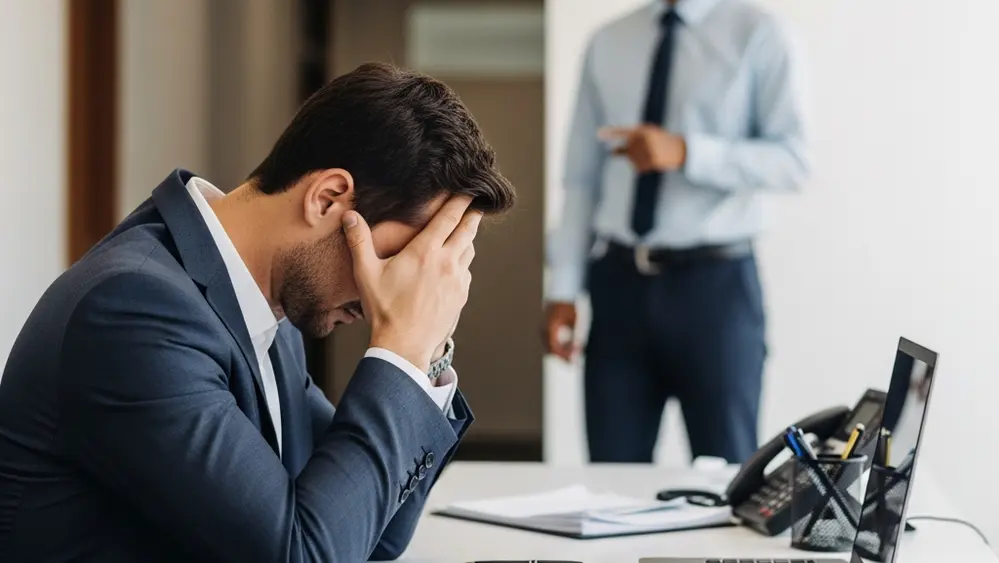 A stressed employee sits at a desk with their head in their hands while a manager stands in the blurred background pointing toward a hallway.