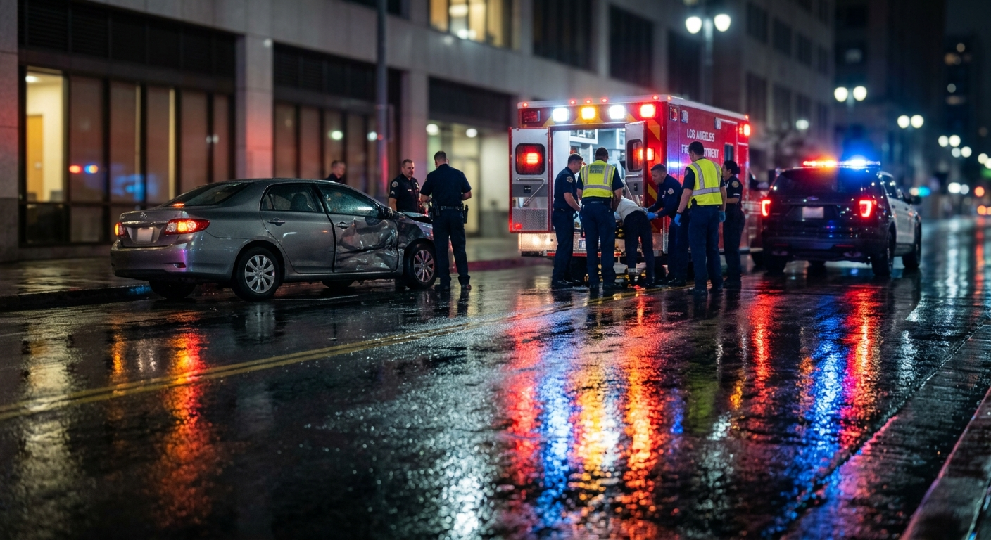 Emergency vehicle lights reflecting off the wet asphalt of a dark Los Angeles street following a car accident.