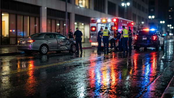 Emergency vehicle lights reflecting off the wet asphalt of a dark Los Angeles street following a car accident.