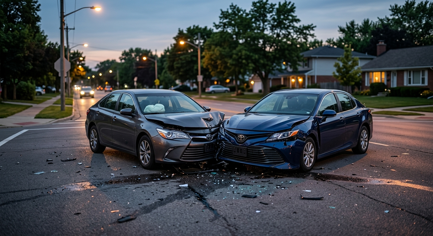 Two modern sedans with severe front-end damage resting at a suburban intersection under streetlights at dusk.