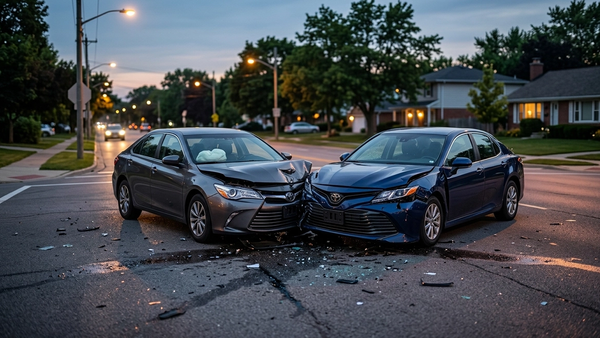 Two modern sedans with severe front-end damage resting at a suburban intersection under streetlights at dusk.
