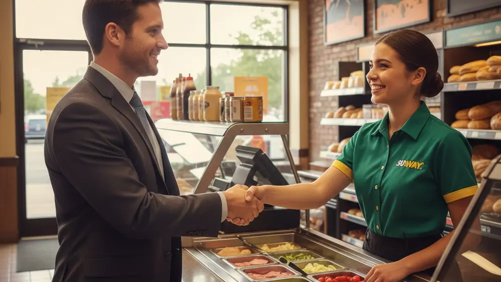 a Subway Subway sandwich shop employee with a smile is shaking hands with an attorney