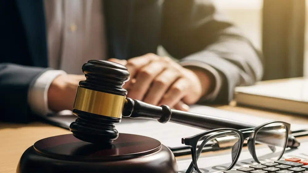 A close-up of a wooden gavel resting on a desk next to a pair of glasses and a calculator, bathed in warm natural light.