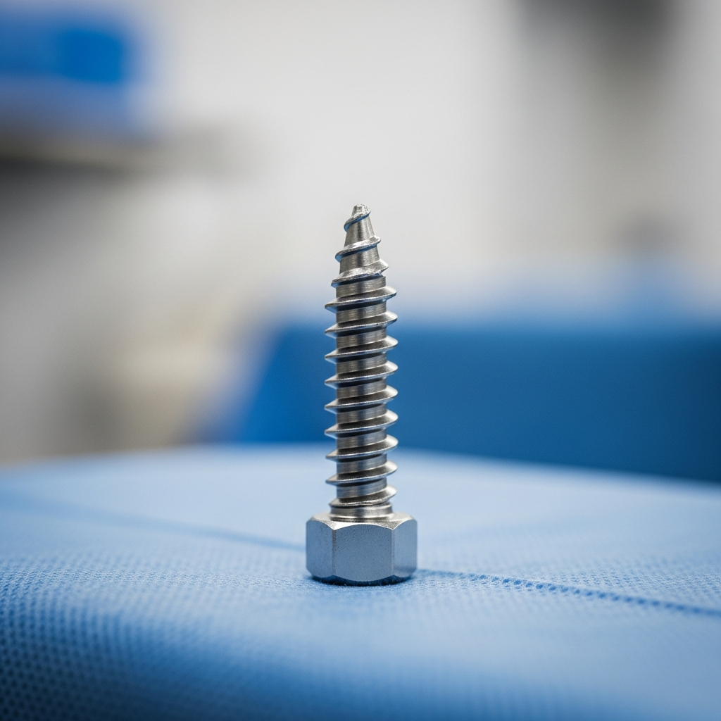A close-up view of a metal spinal fusion pedicle screw resting on a blue surgical drape in a hospital setting.