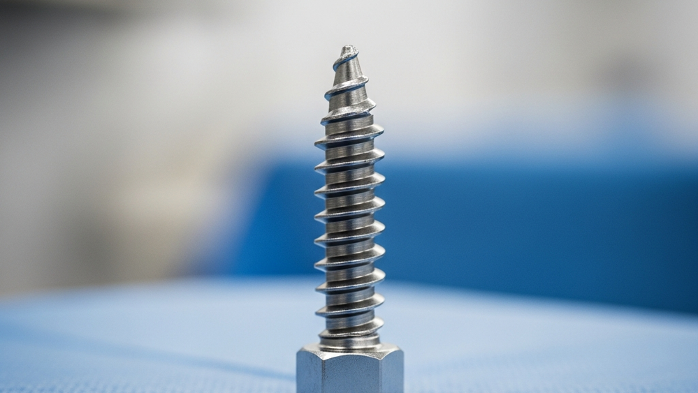 A close-up view of a metal spinal fusion pedicle screw resting on a blue surgical drape in a hospital setting.