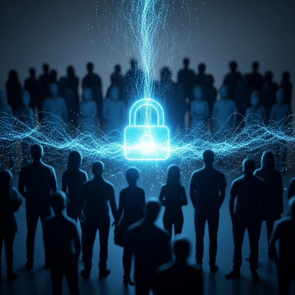 An abstract visualization of digital data flowing into a glowing blue padlock, surrounded by silhouettes of many people representing a large group of claimants.