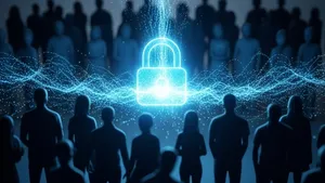 An abstract visualization of digital data flowing into a glowing blue padlock, surrounded by silhouettes of many people representing a large group of claimants.