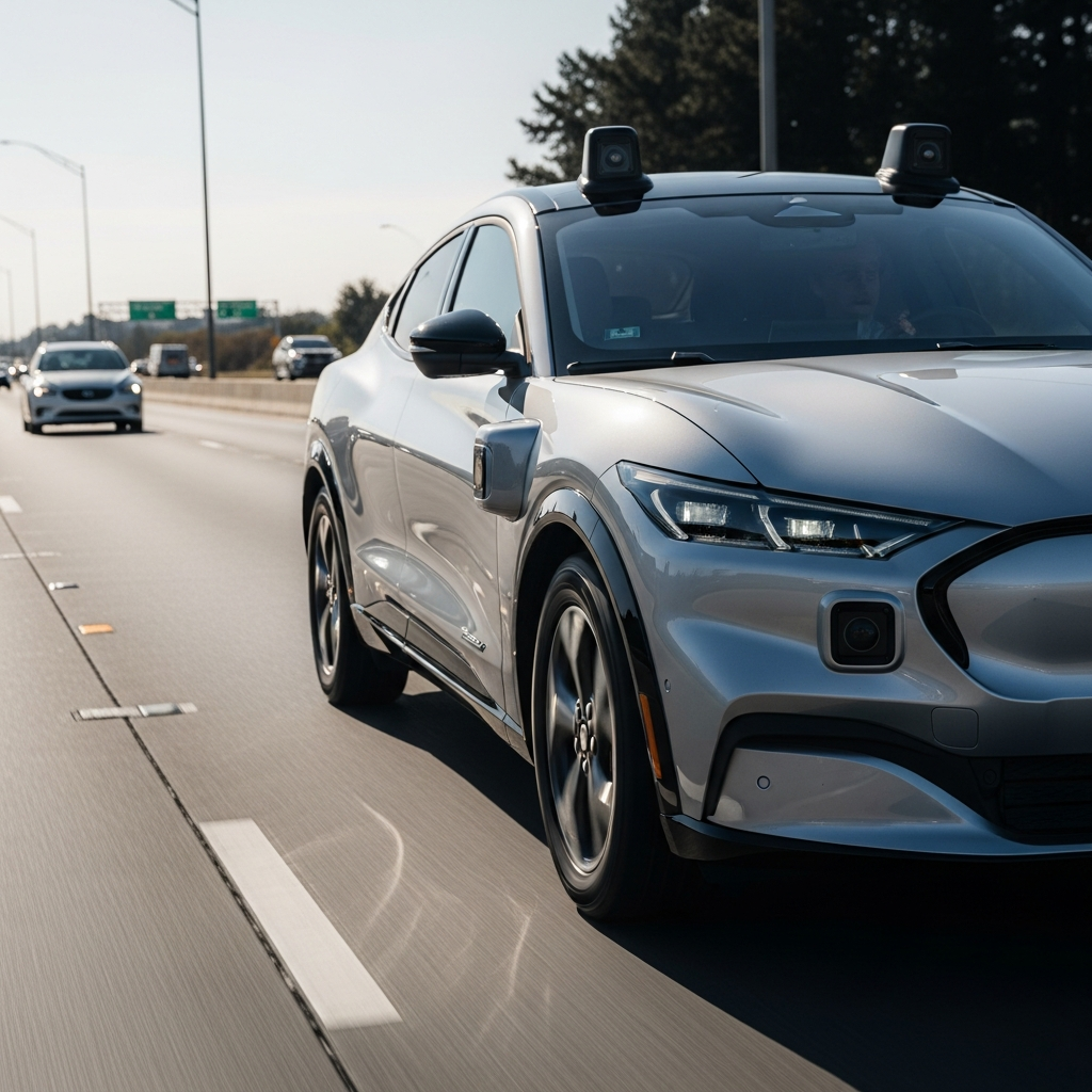 A sleek silver Ford Mustang Mach-E electric vehicle driving on a multi-lane highway during the day, highlighting its automated sensors.