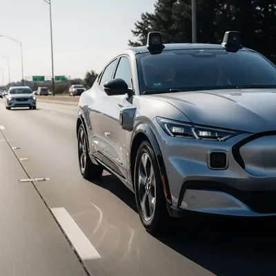 A sleek silver Ford Mustang Mach-E electric vehicle driving on a multi-lane highway during the day, highlighting its automated sensors.