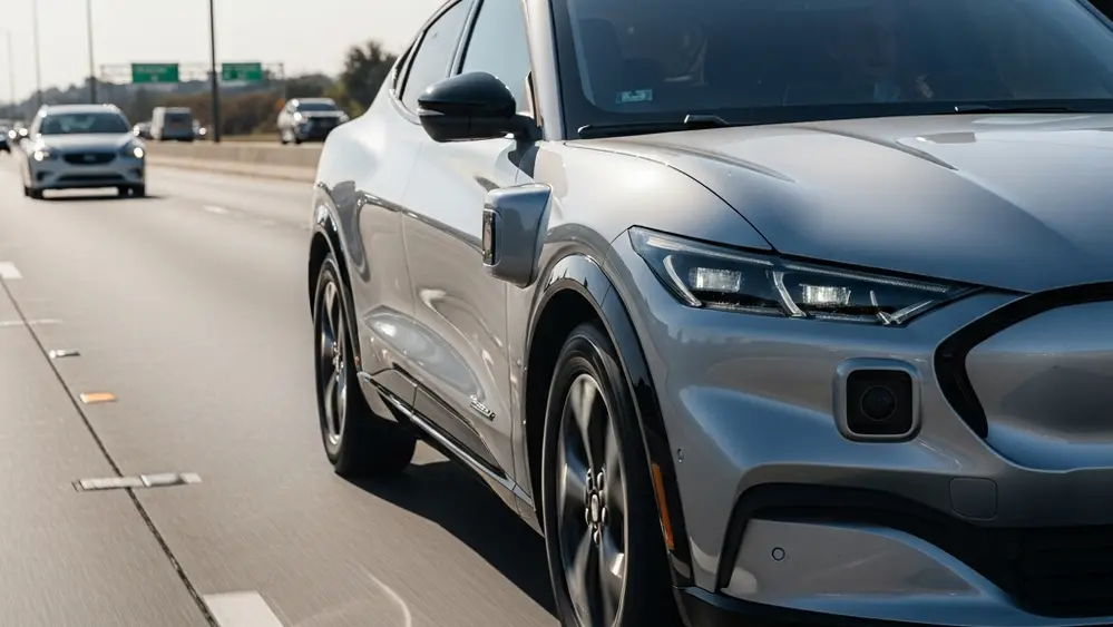 A sleek silver Ford Mustang Mach-E electric vehicle driving on a multi-lane highway during the day, highlighting its automated sensors.