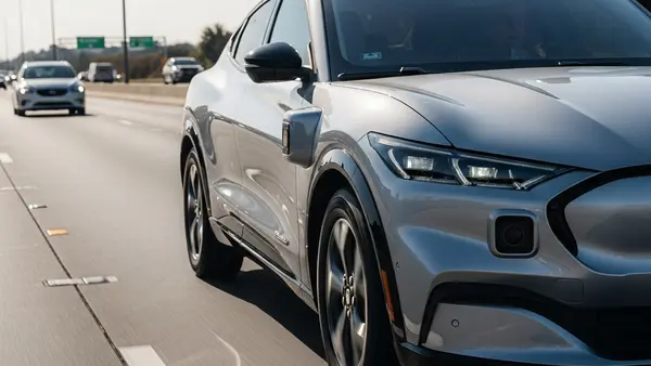 A sleek silver Ford Mustang Mach-E electric vehicle driving on a multi-lane highway during the day, highlighting its automated sensors.