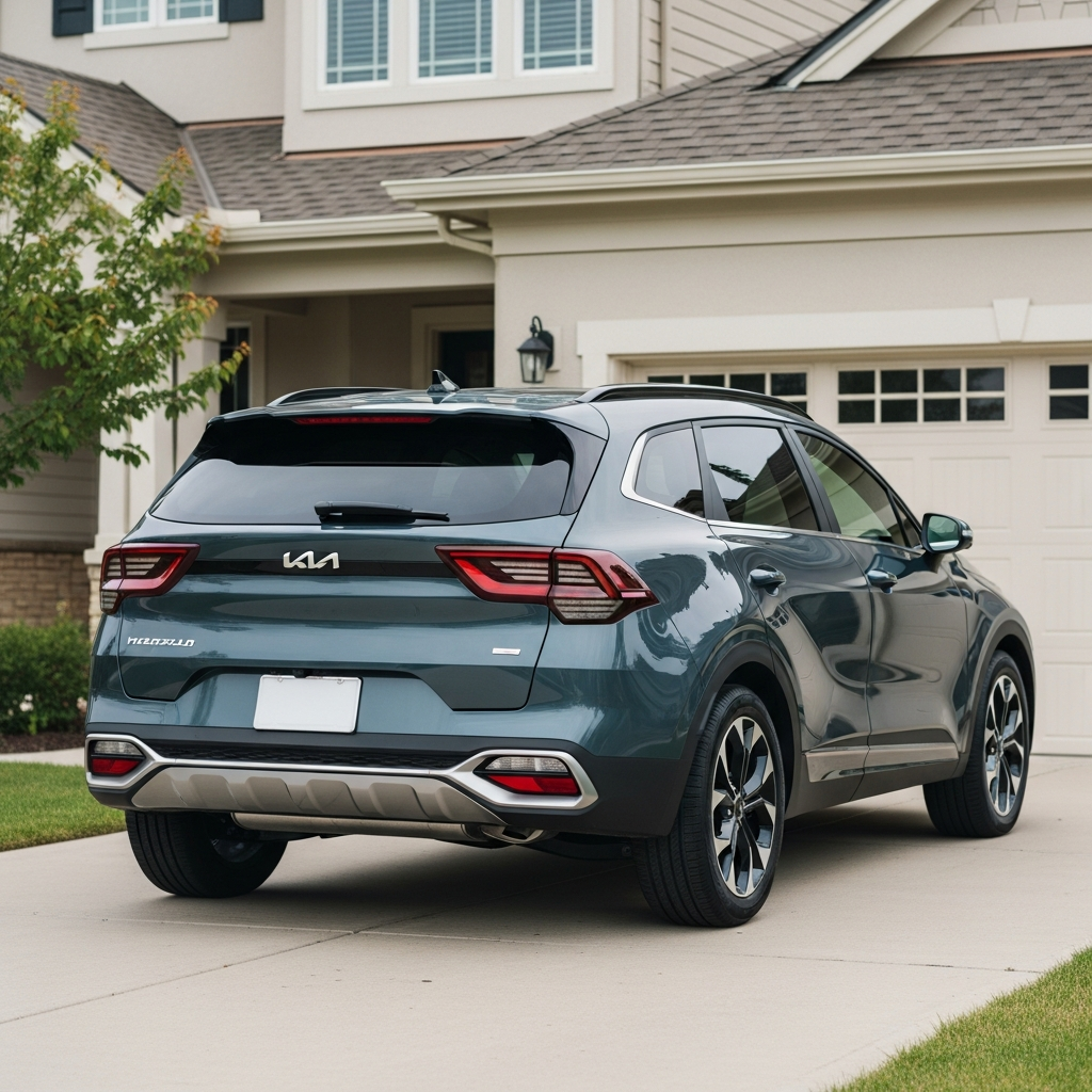 A modern Kia SUV parked in the driveway of a suburban home with a garage in the background. The vehicle is clearly visible but lacks readable logos.